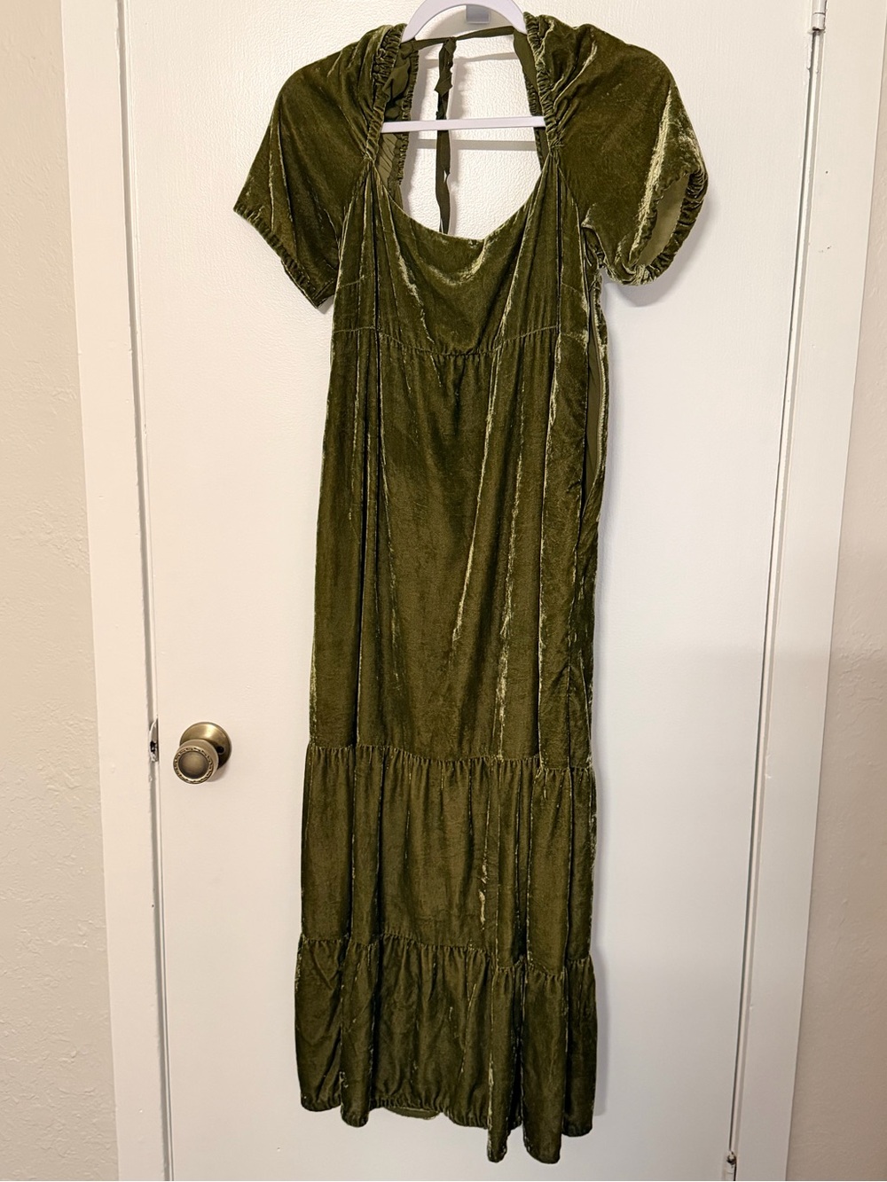 Anthropologie Olive Green Empire Waist Velvet Tiered  Maxi Dress 10 - Picture 4 of 16